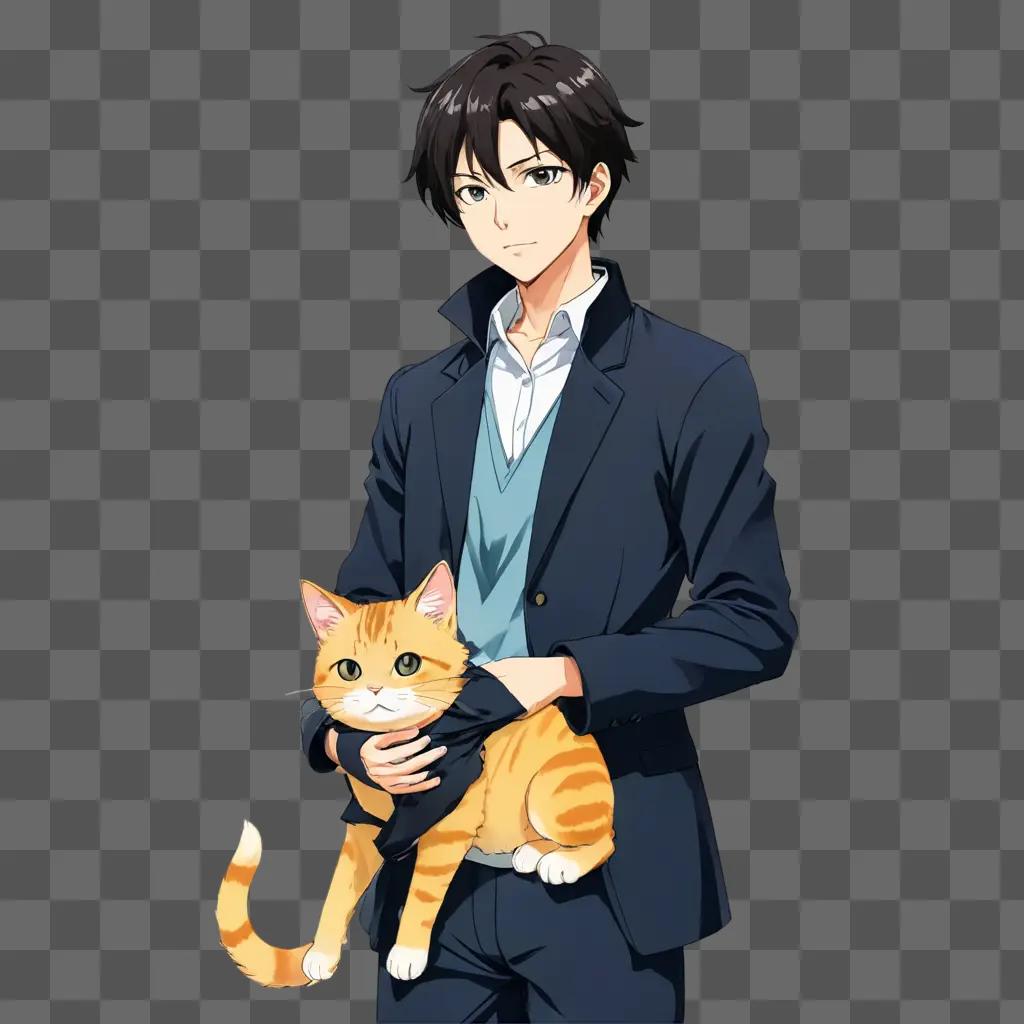 anime boy wallpaper A young man in a suit and tie holds a cat