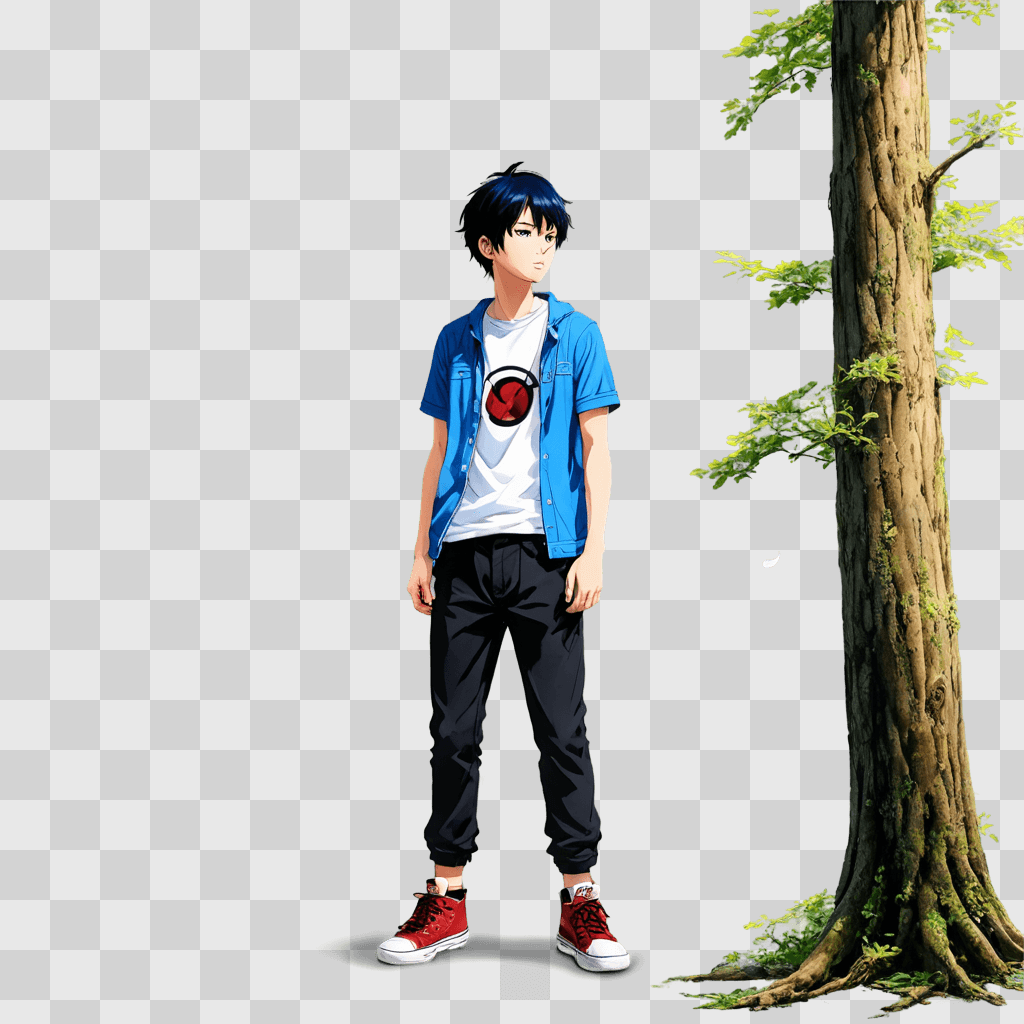 anime boy wallpaper Young man with red shoes standing in front of tree