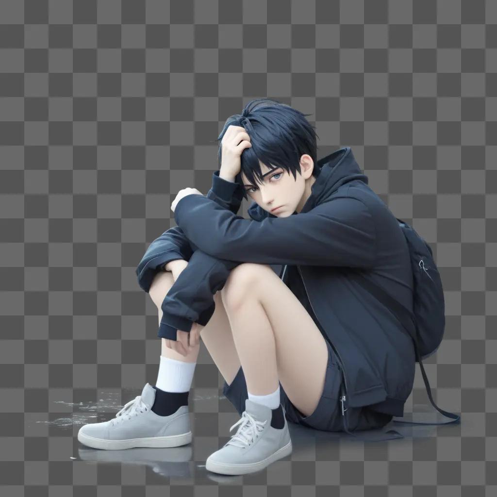 anime boy with a sad face sitting on the ground