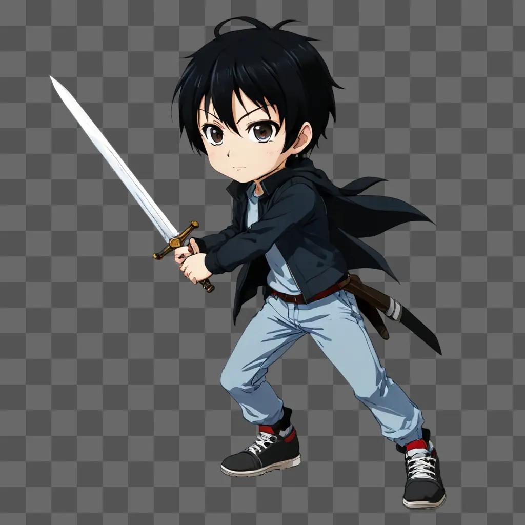 anime boy with black hair A young boy wields a sword in a black outfit