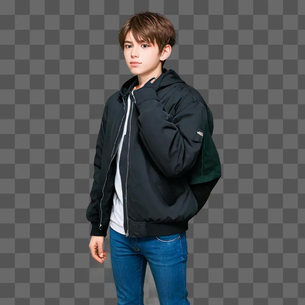 anime boy with jacket A young boy in a black jacket and jeans posing