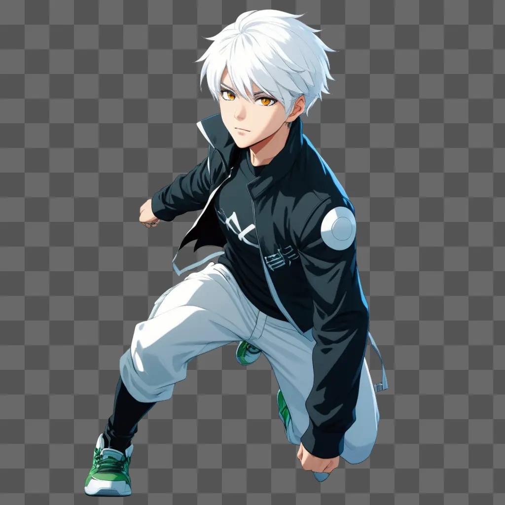 anime boy with white hair and green shoes