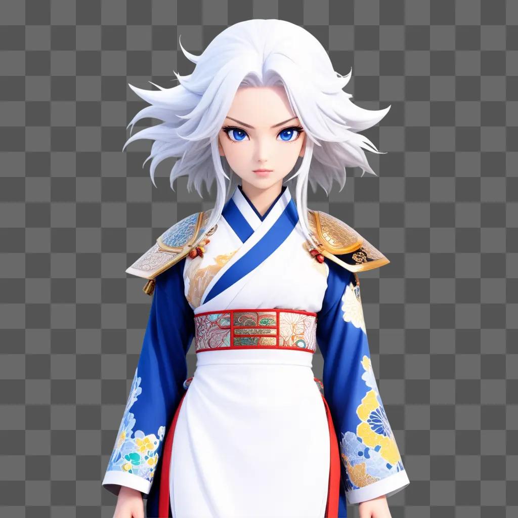 anime character with a white wig and blue dress