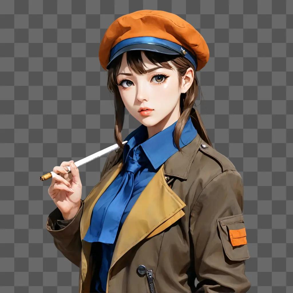 anime girl A woman with a cigarette holds a hat on her head