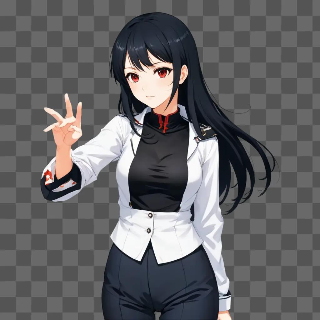 anime girl black hair A beautiful anime girl makes a peace sign