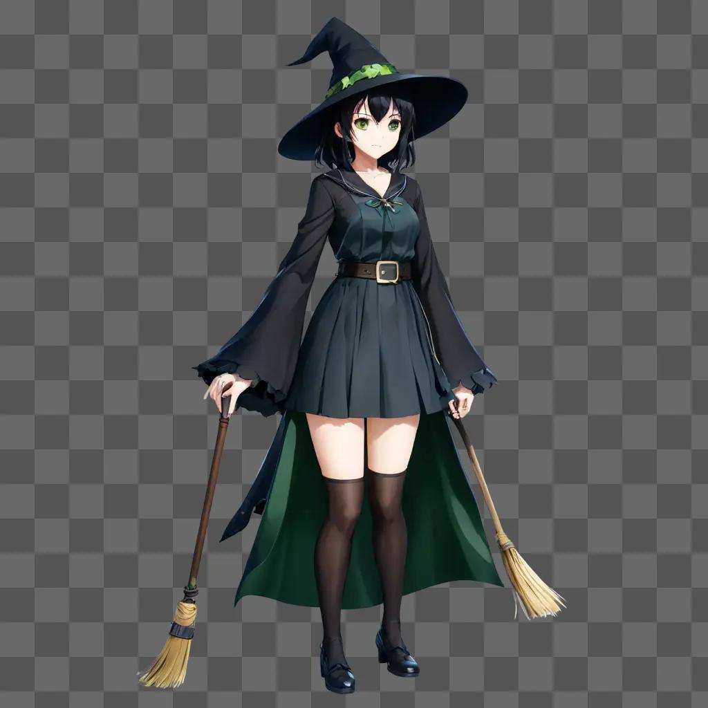 anime girl black hair A girl dressed as a witch holds a broom