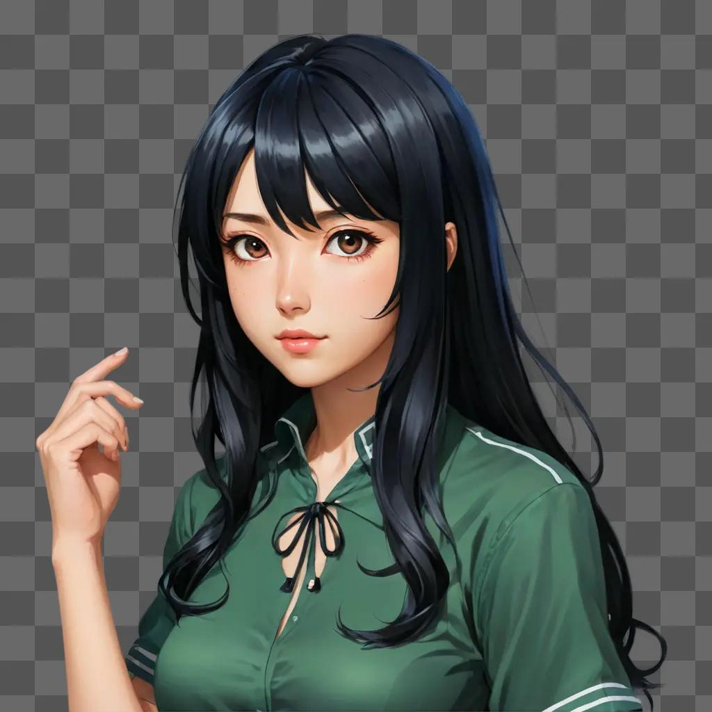 anime girl black hair A girl in a green shirt with black hair