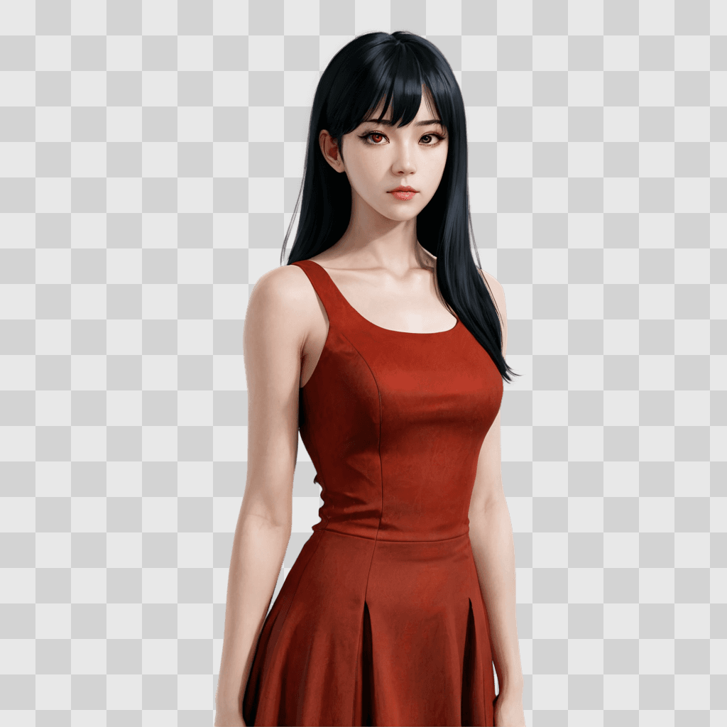 anime girl black hair A girl in a red dress is posing for a photo