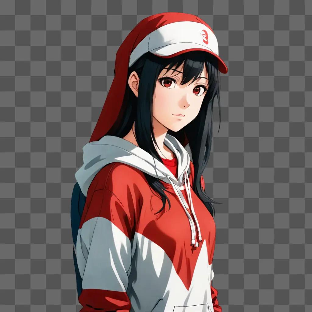 anime girl black hair A girl wearing a red and white hat and jacket