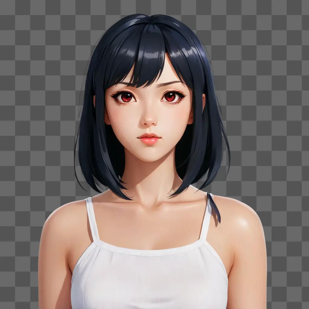 anime girl black hair A girl with red eyes and black hair wears a white tank top