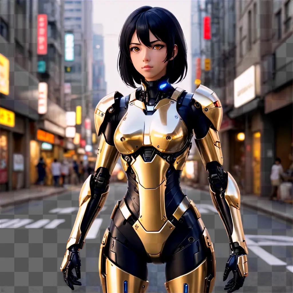 anime girl black hair A woman in a shiny armor stands in a bustling street