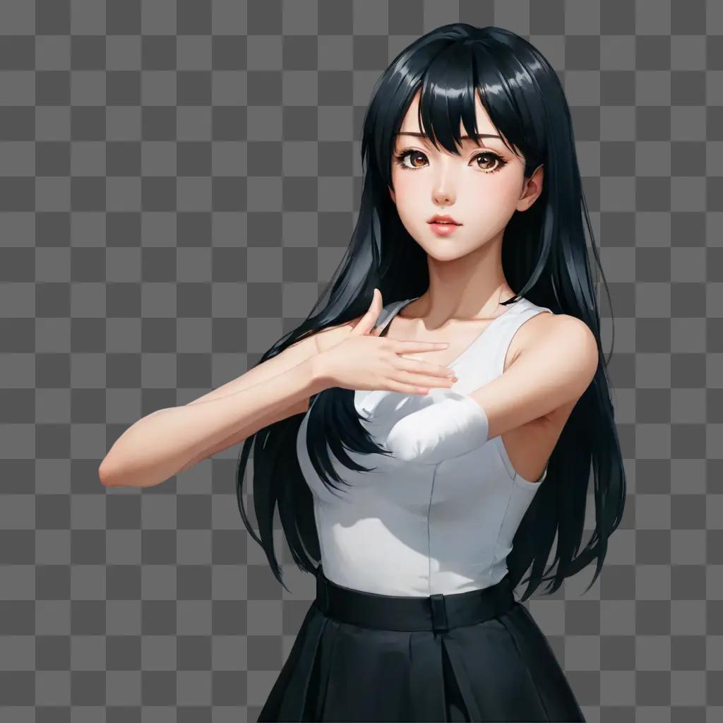 anime girl black hair A woman poses in a white shirt and black skirt