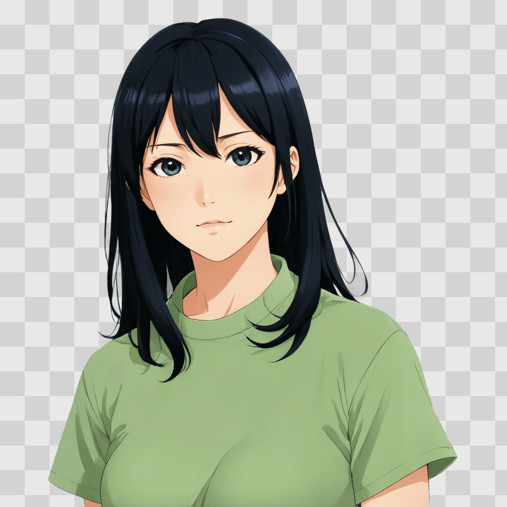 anime girl black hair A young girl in a green shirt has a serious expression