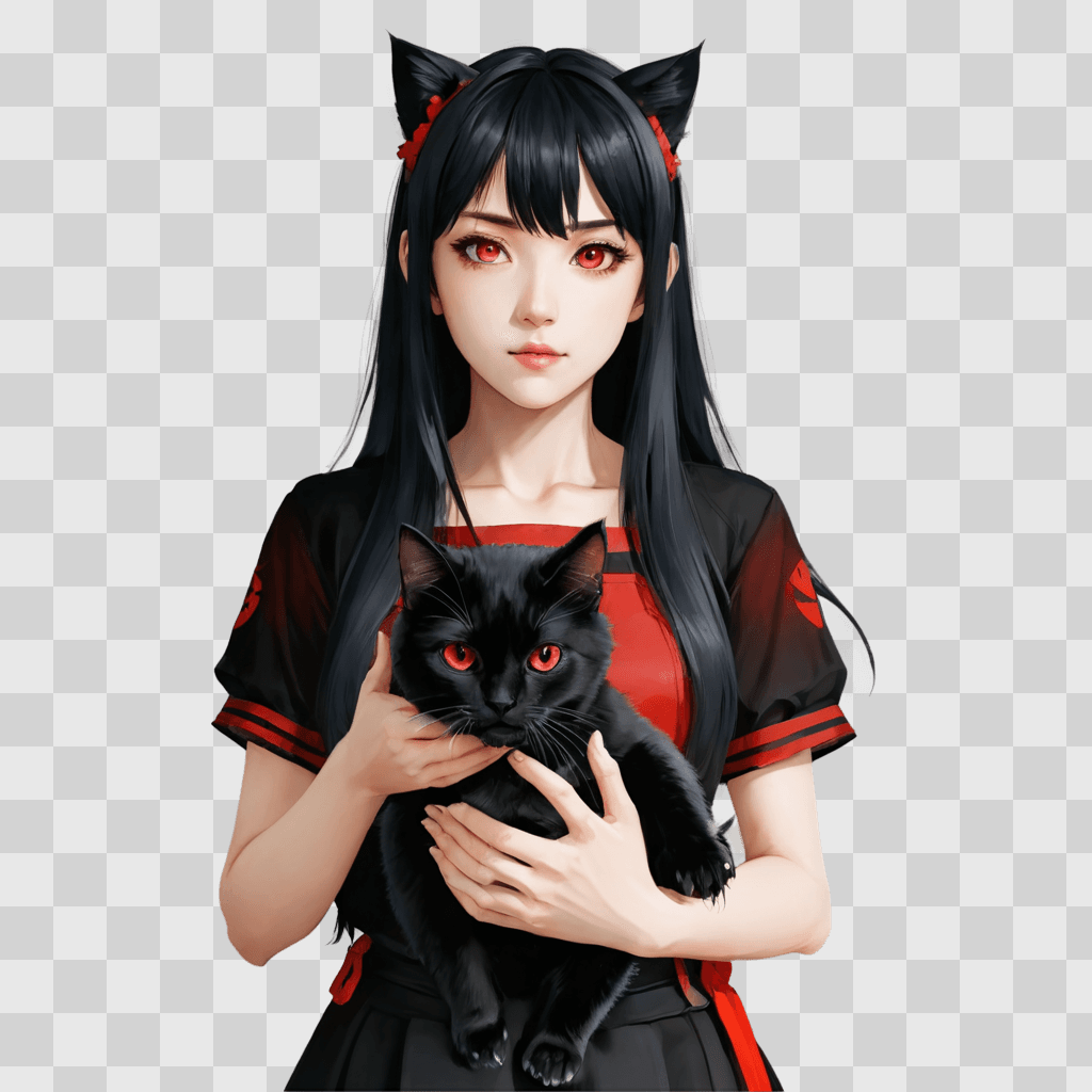 anime girl black hair An anime girl holds a black cat with red eyes