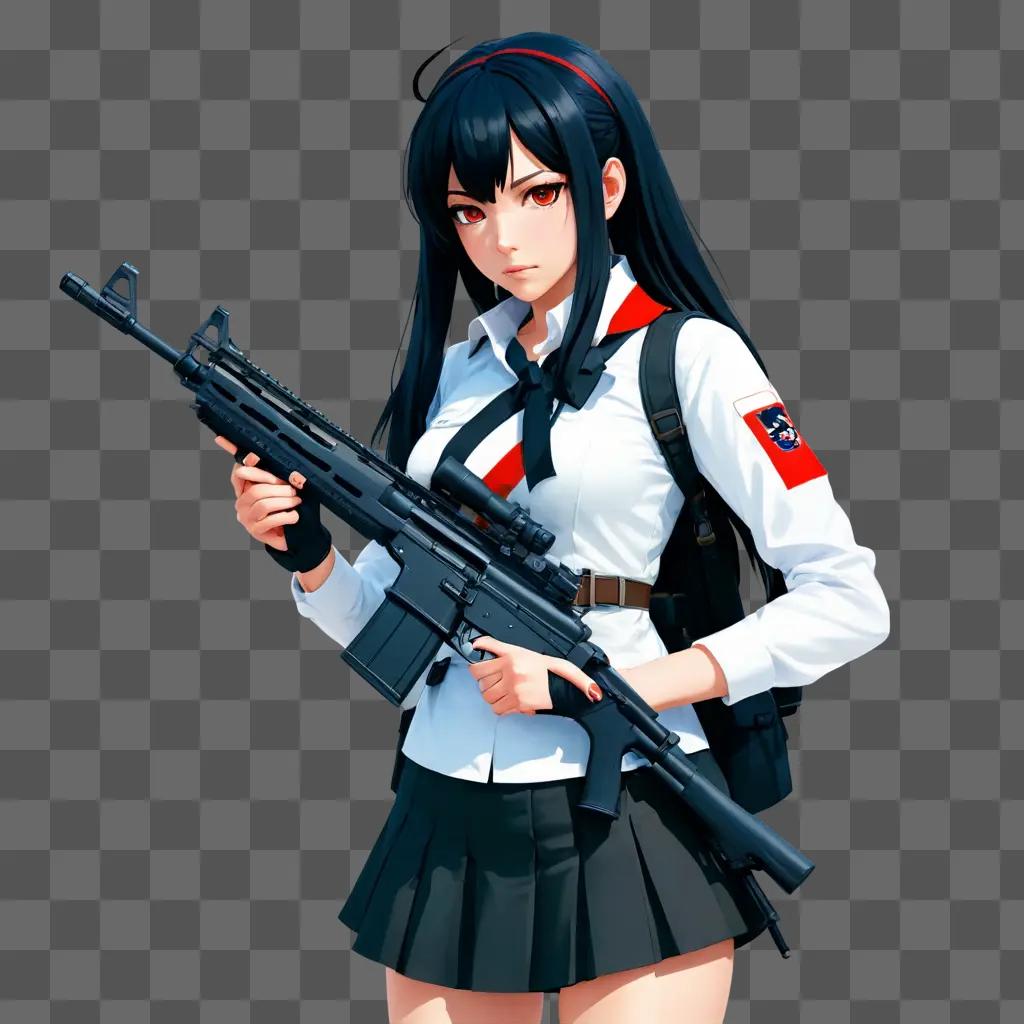 anime girl black hair An anime girl holds a gun in her hand