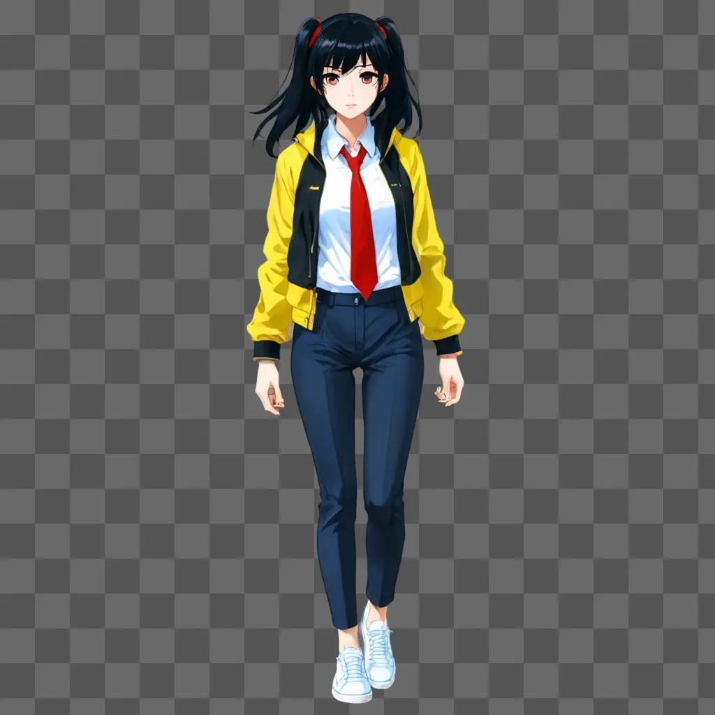 anime girl black hair An anime girl with a yellow jacket and red tie