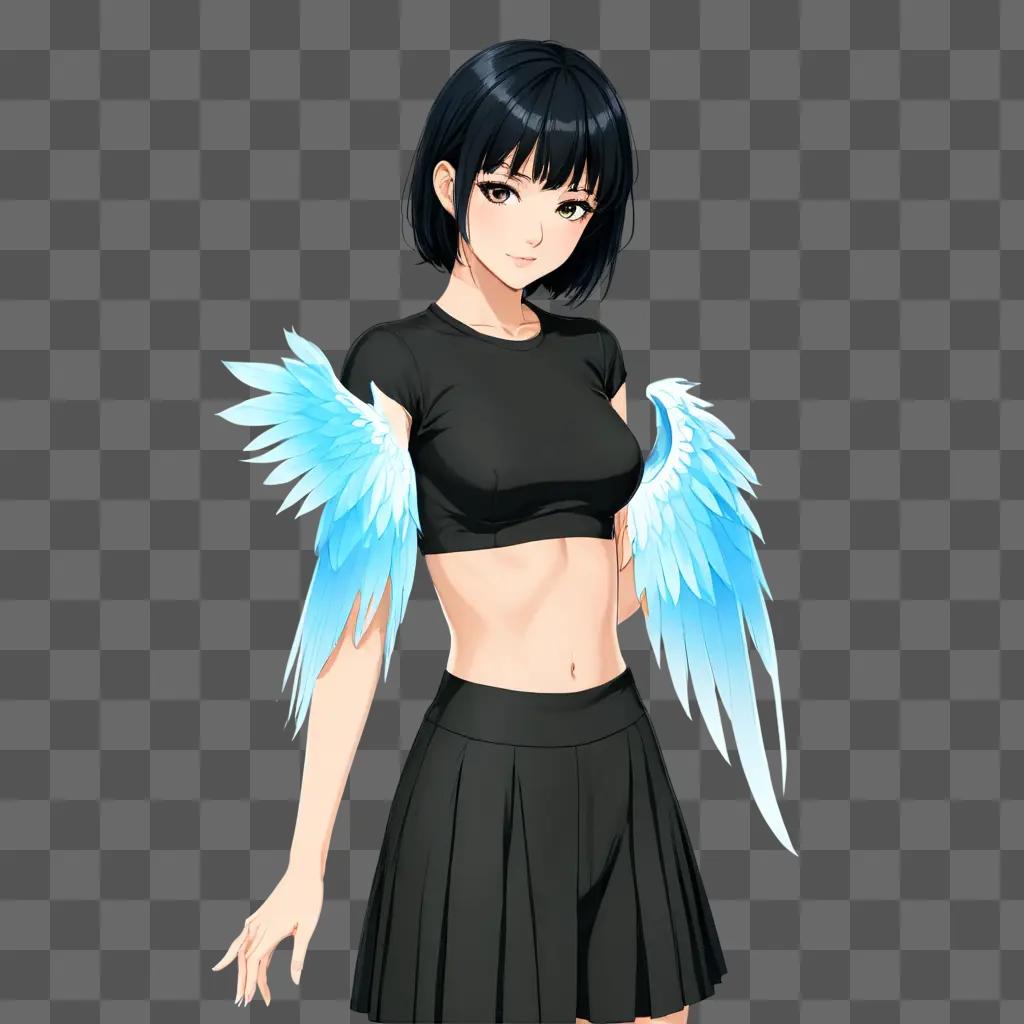 anime girl black hair An anime girl with blue wings on a gray background