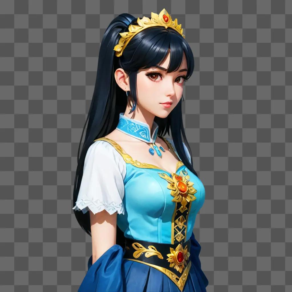 anime girl drawing A girl in blue dress with crown and golden necklace