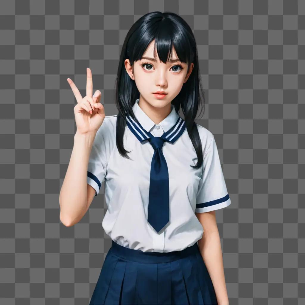 anime girl drawing A young girl wears a tie and makes a peace sign