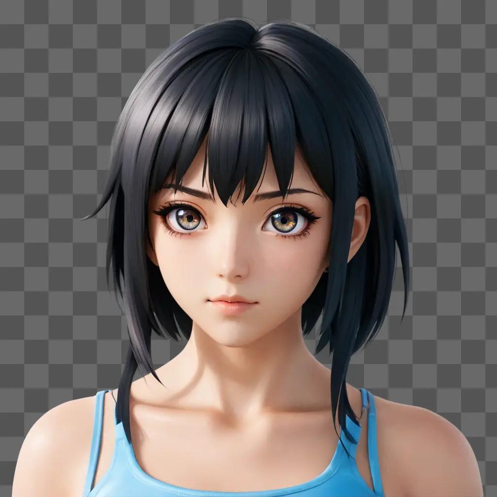 anime girl eyes A young girl with blue hair and a blue tank top