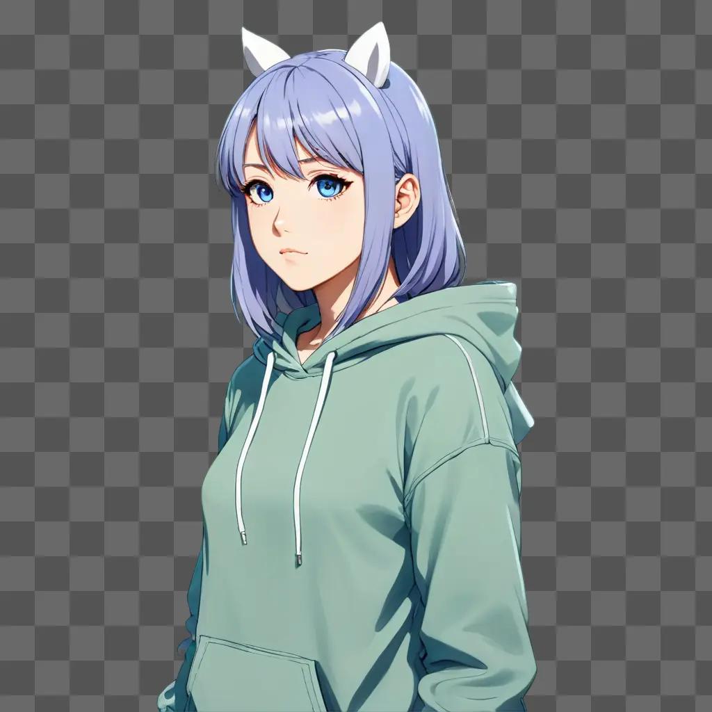 anime girl hair A girl in a blue hoodie with cat ears