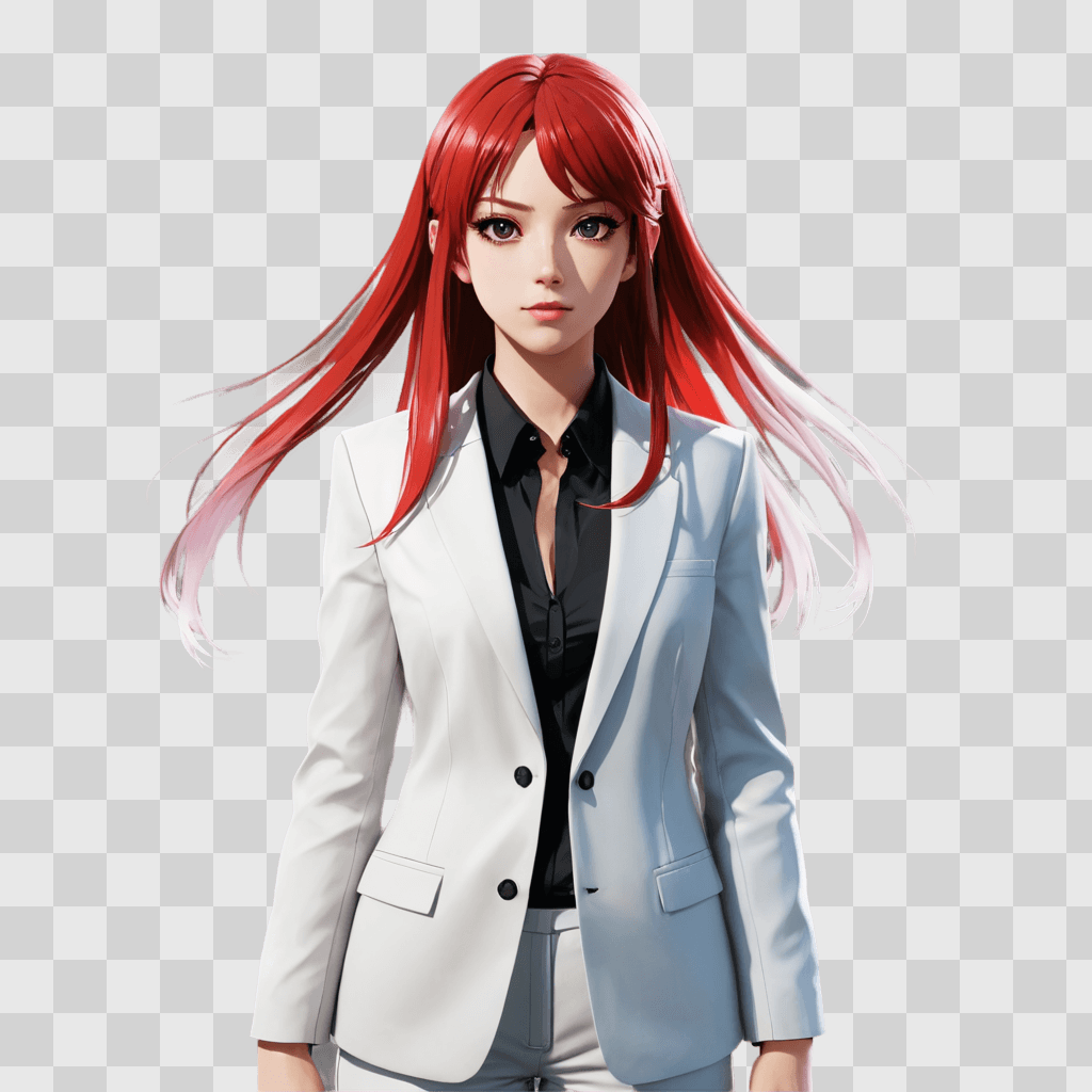 anime girl hair A girl with red hair stands in a suit