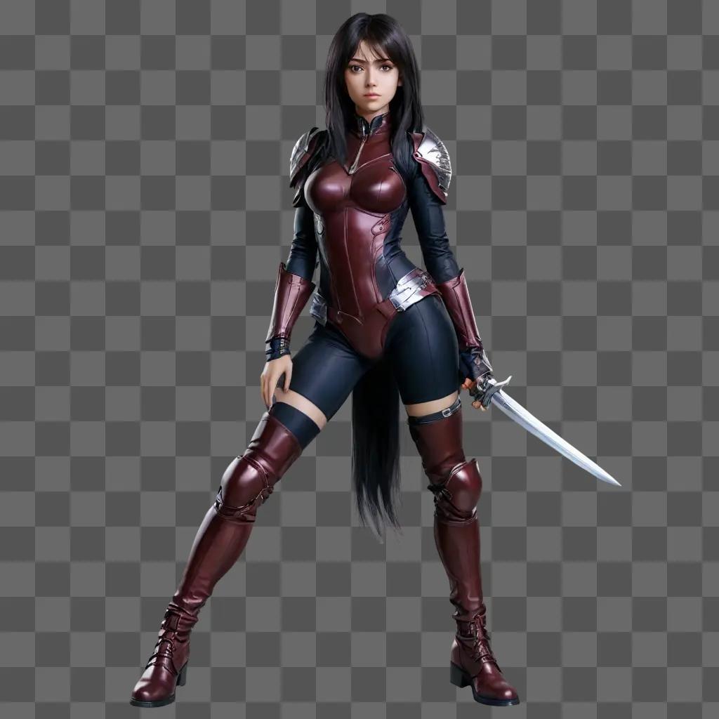 anime girl hair A woman in a black and red outfit with a sword