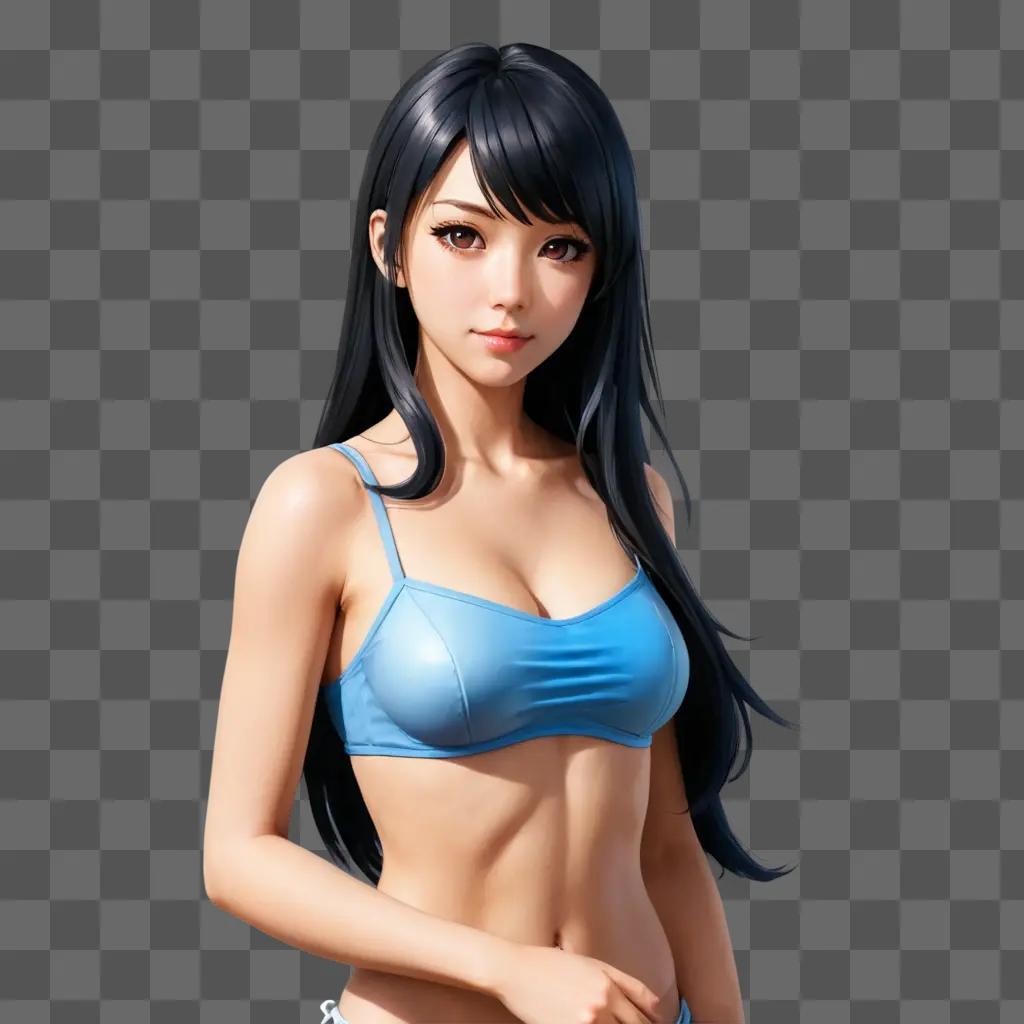 anime girl hair A young woman with long black hair and blue lingerie poses