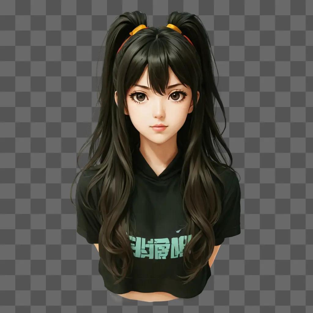 anime girl hairstyles A girl wearing a black shirt with a logo on it