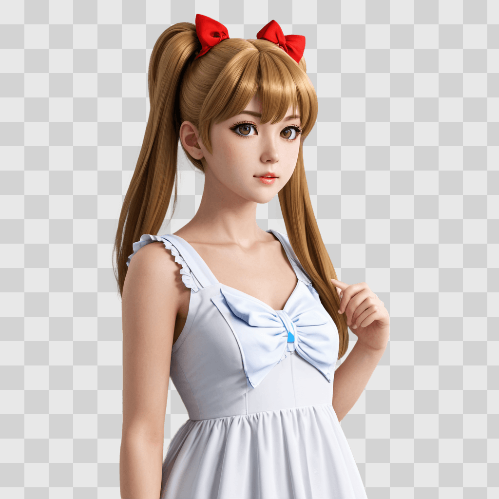 anime girl hairstyles A young girl with a blue dress and red bows