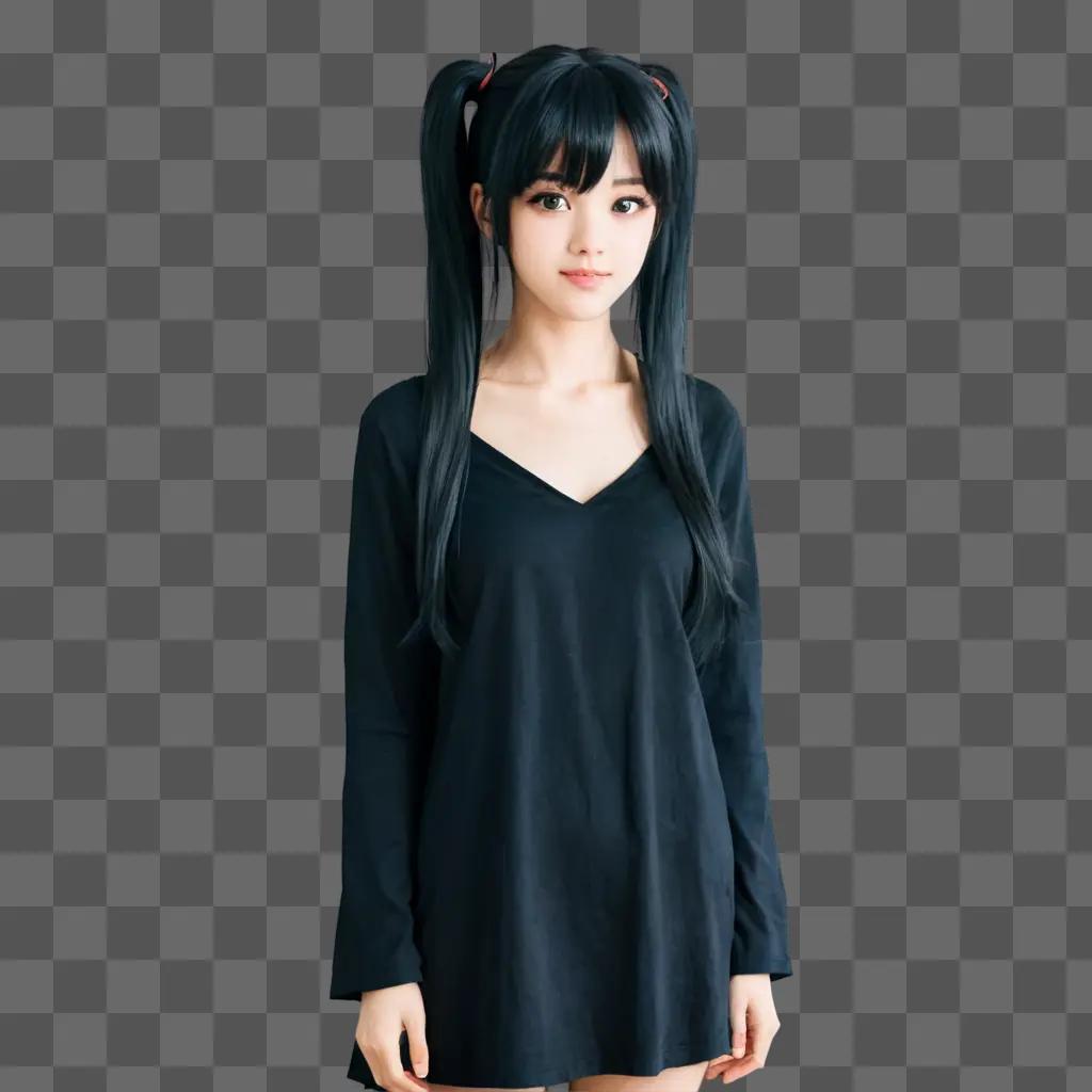 anime girl hairstyles Girl with long black hair and a black dress