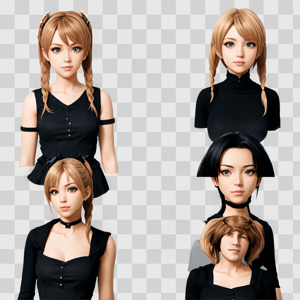 anime girl hairstyles Multiple images of a girl in black dresses and hairstyles