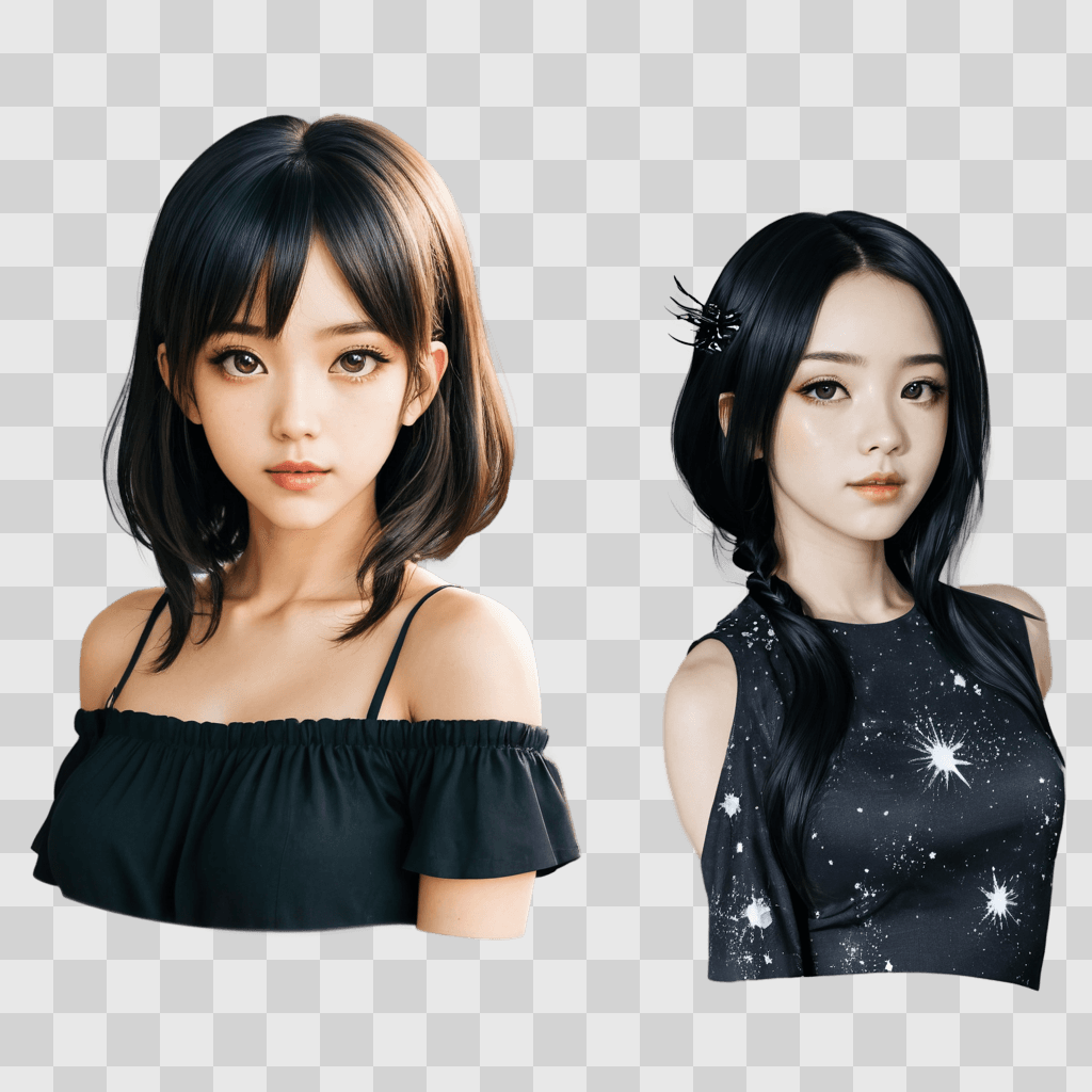 anime girl hairstyles Two beautiful women in black and white