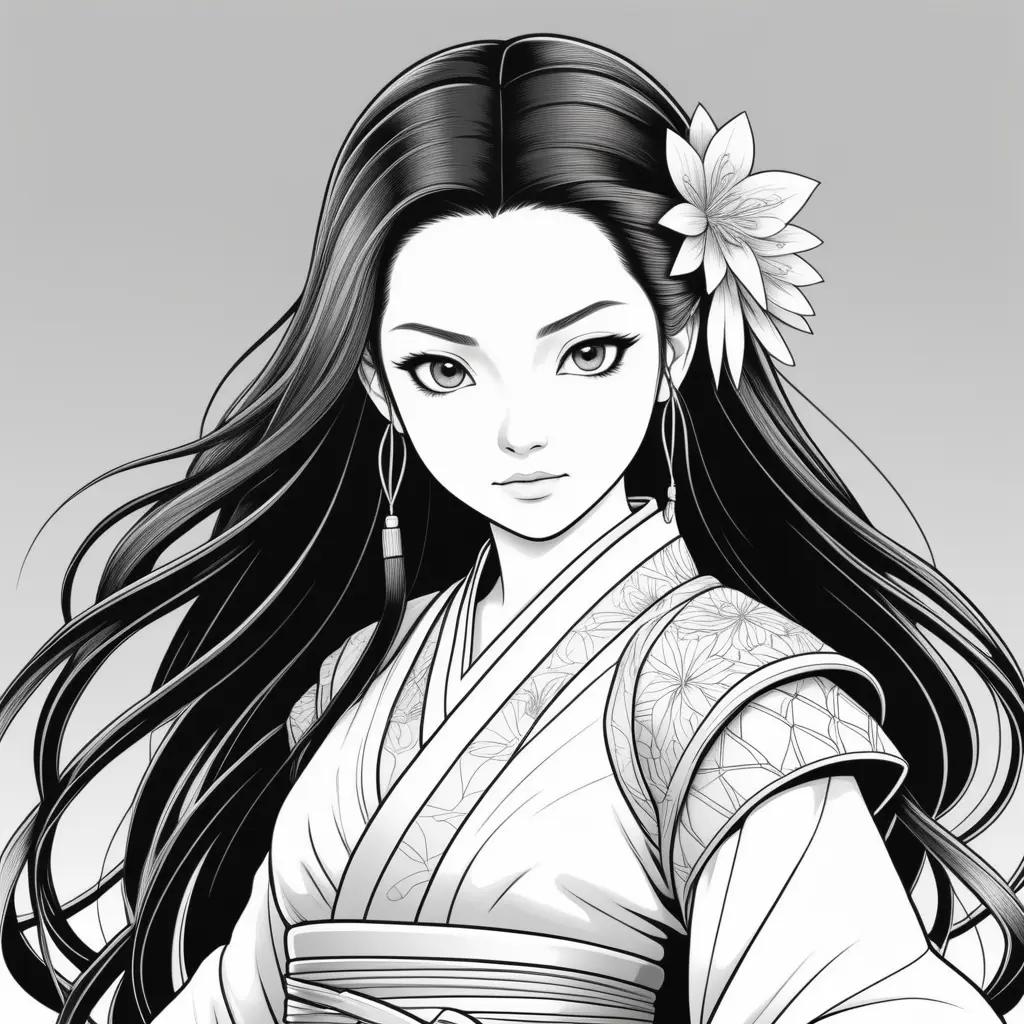 anime girl in a flower dress is colored in black and white