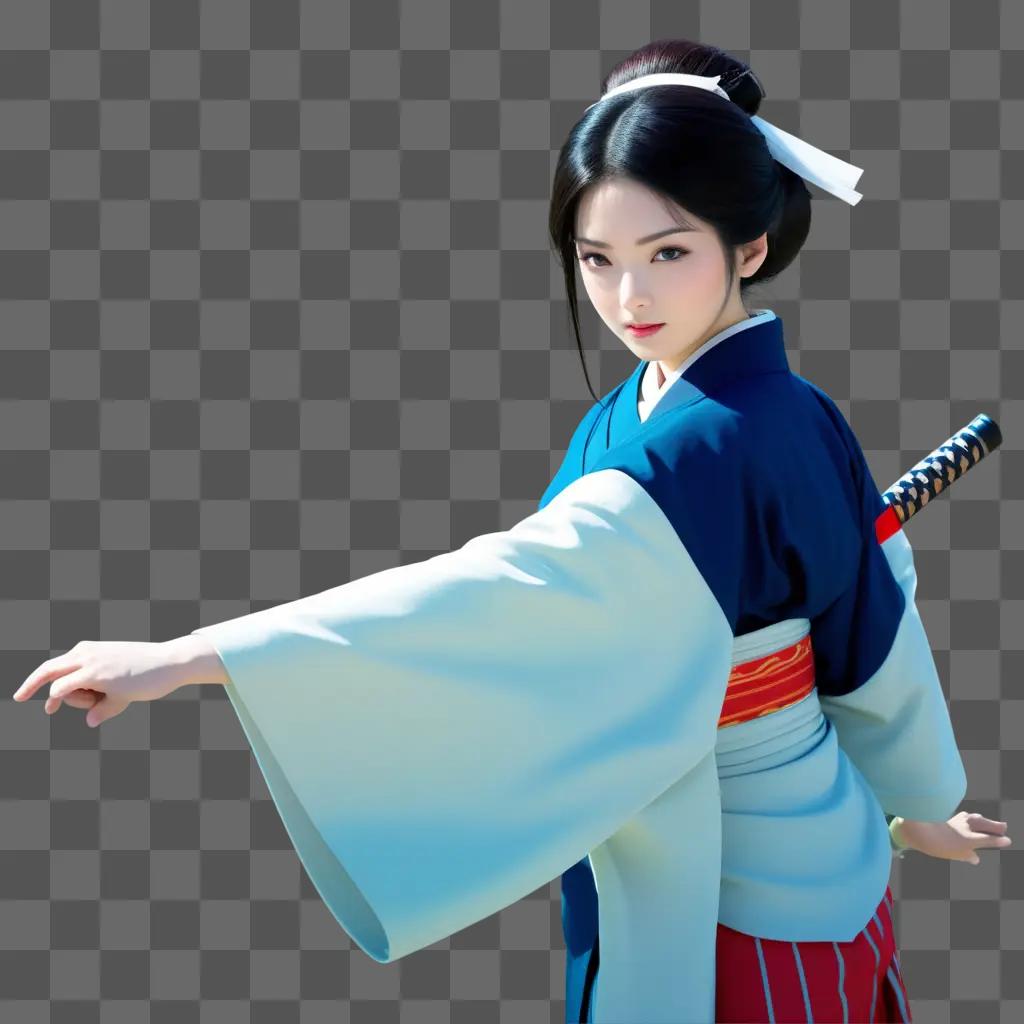 anime girl in a white headband and blue kimono holds a sword