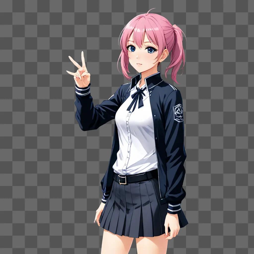 anime girl wallpaper A girl with pink hair makes a peace sign