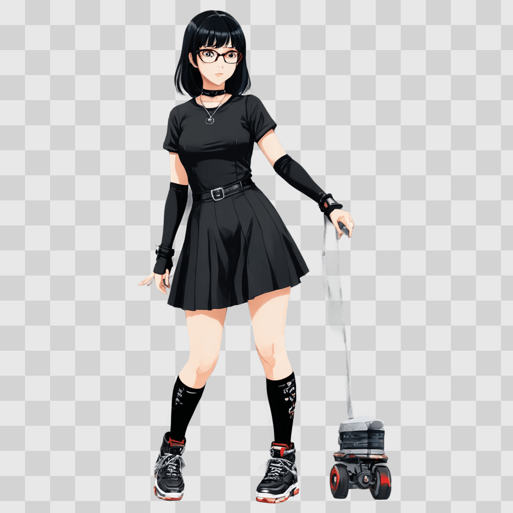 anime girl with black hair A girl in a black dress and glasses on rollerblades