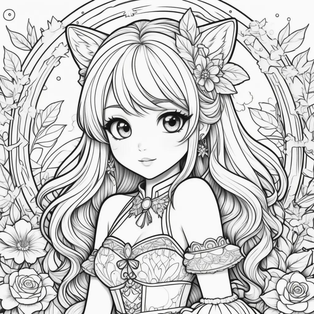 anime girl with cat ears and flower crown in a gacha life coloring page