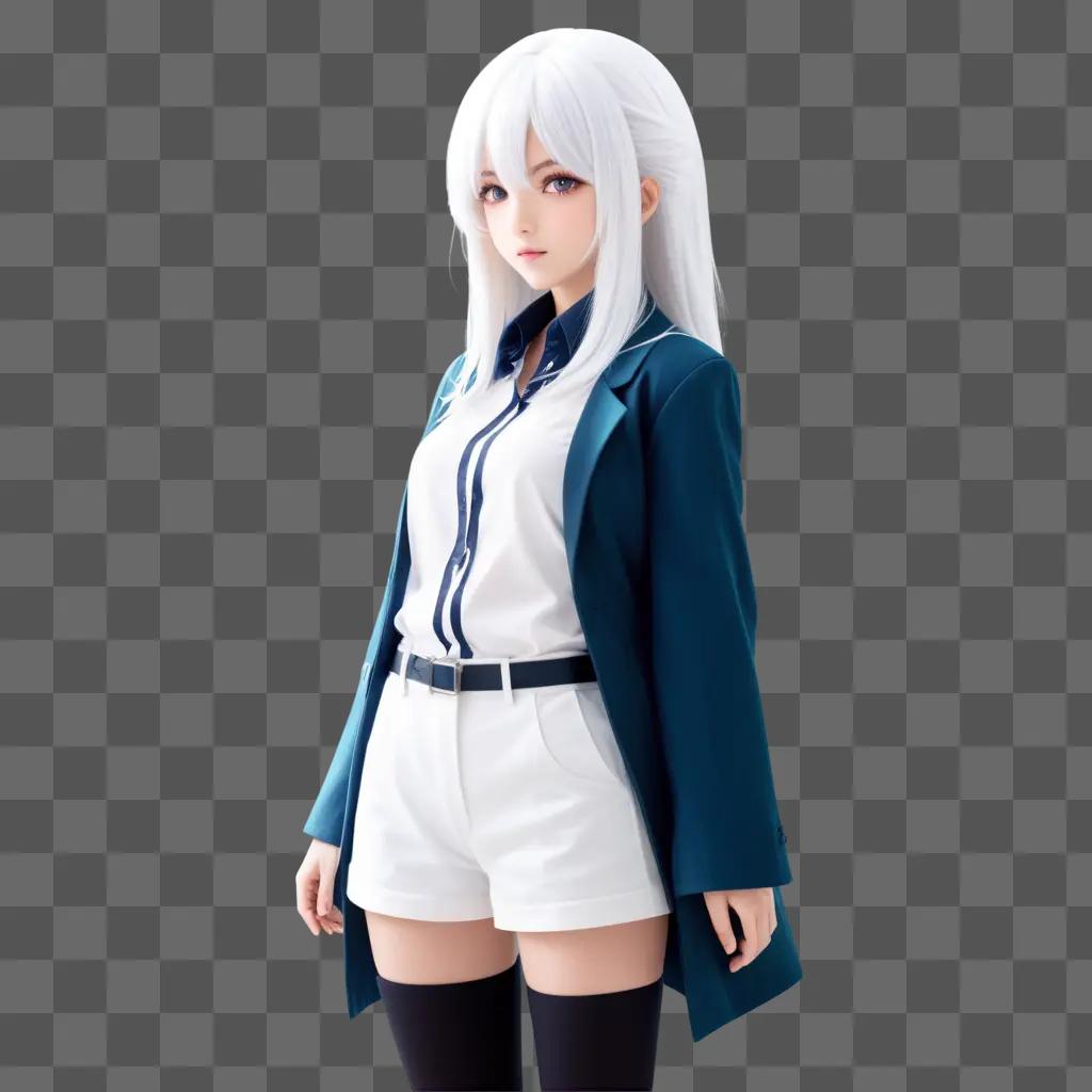 anime girl with white hair poses in a blue jacket and white shorts