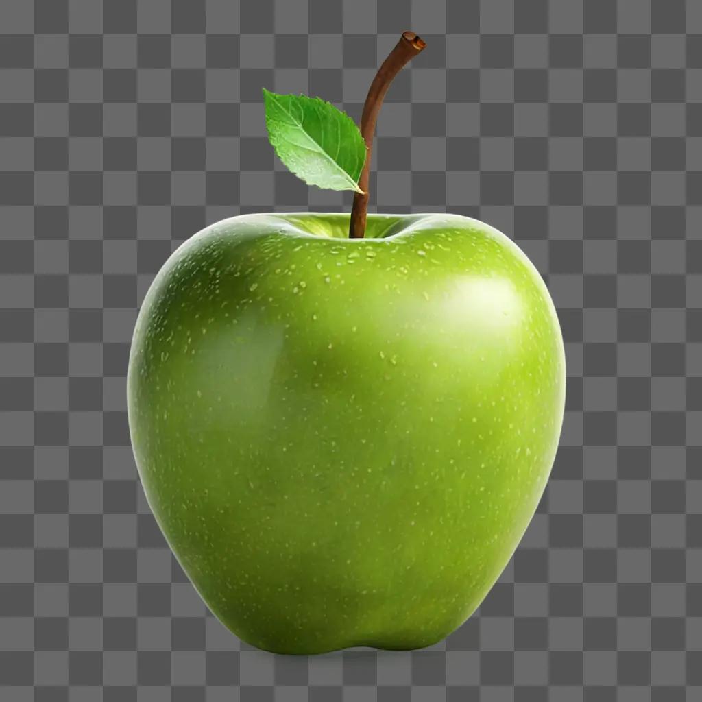 apple A green apple with stem and stem protruding from it