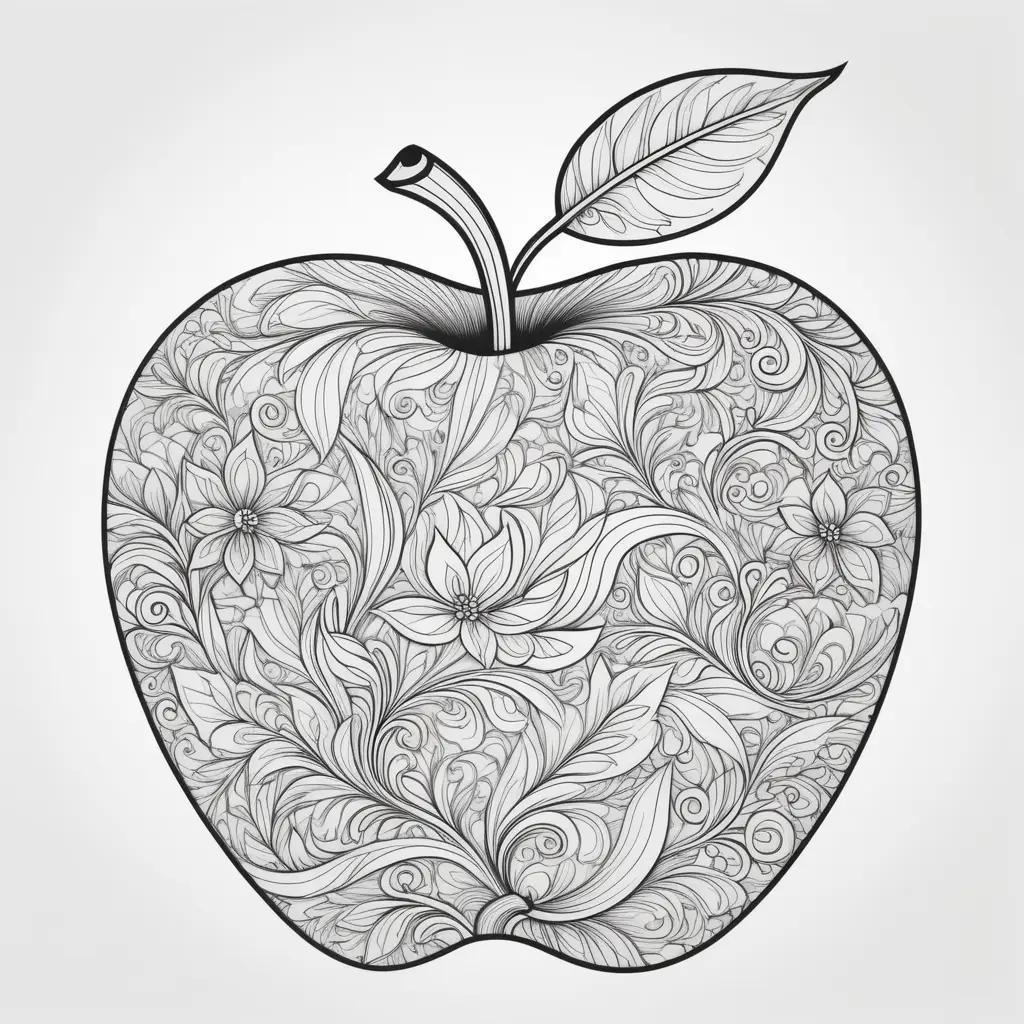 apple coloring page with floral designs and a leaf