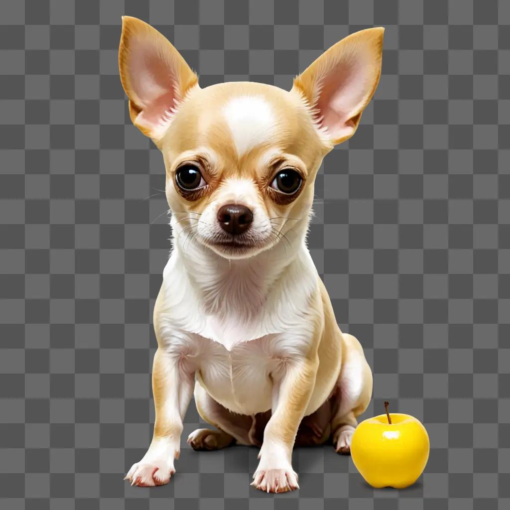 apple head chihuahua A small dog sits in front of an apple