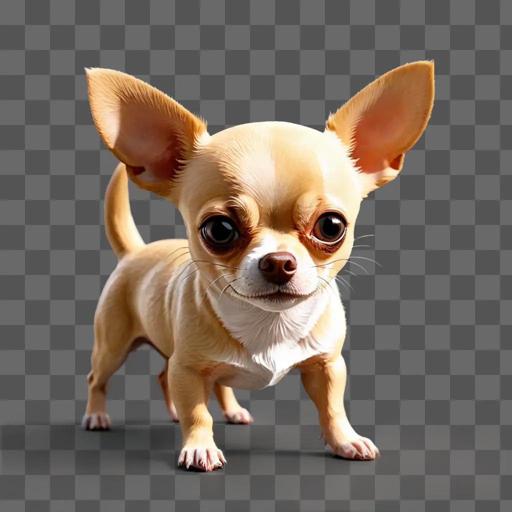 apple head chihuahua A small dog with big eyes stands on a beige surface