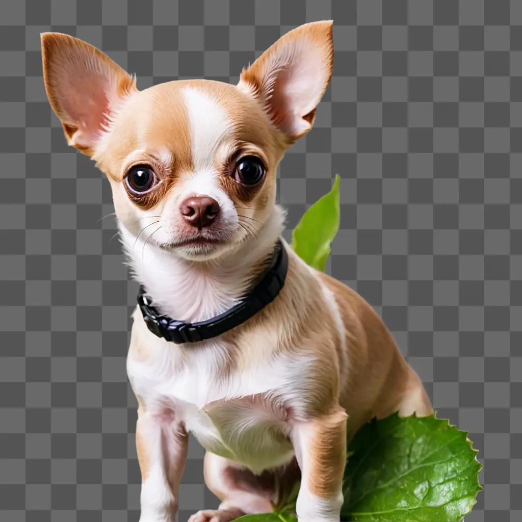 apple head chihuahua puppy A brown and white dog with a black collar sits on a green leaf