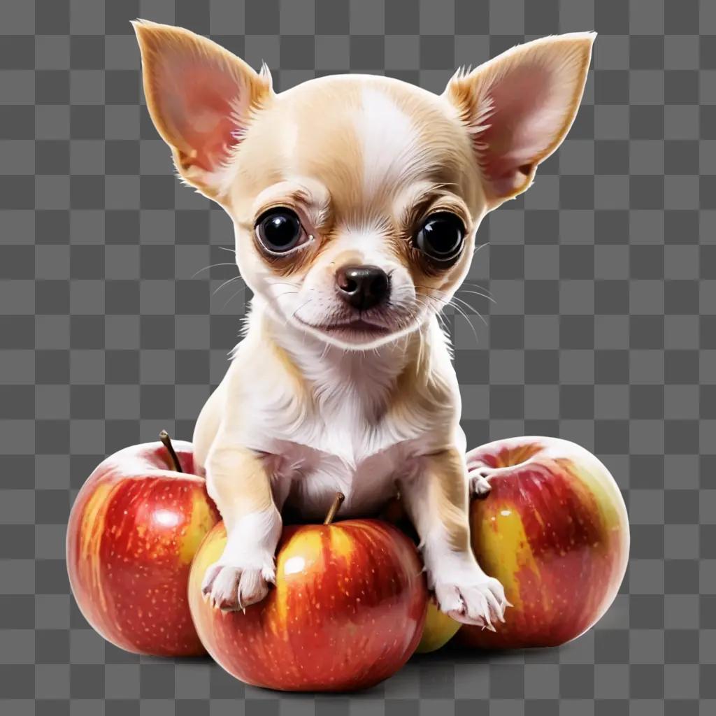 apple head chihuahua puppy A chihuahua sits on three apples