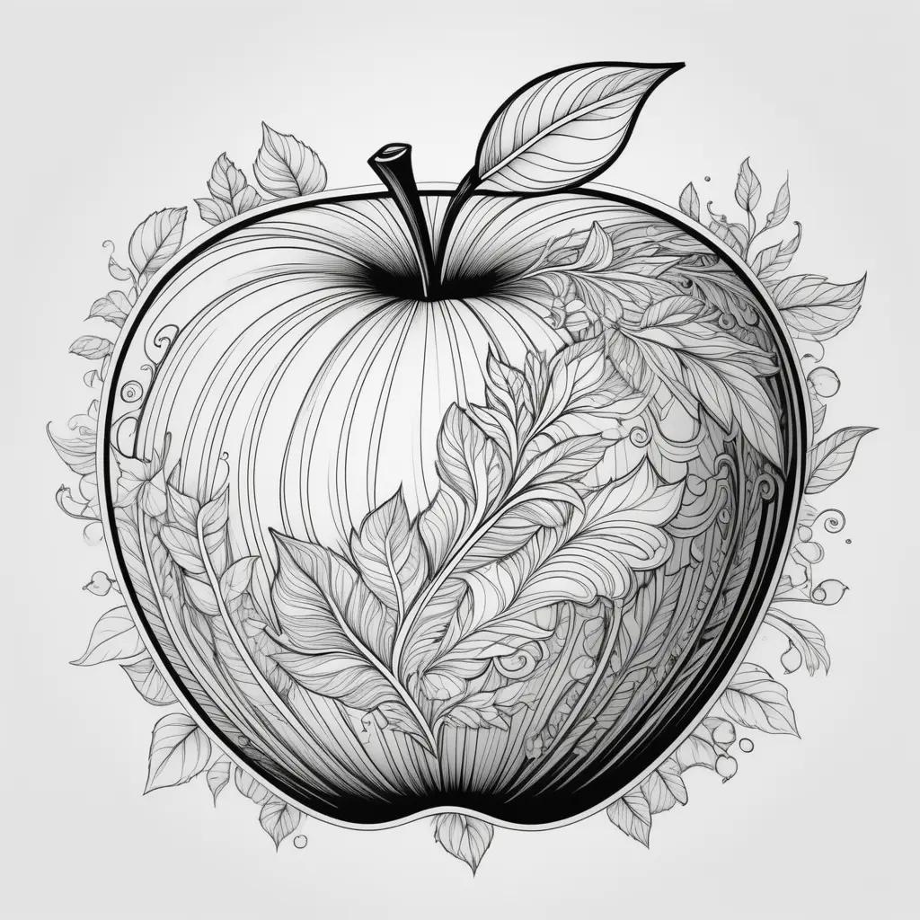 apple with leaves is drawn in black and white