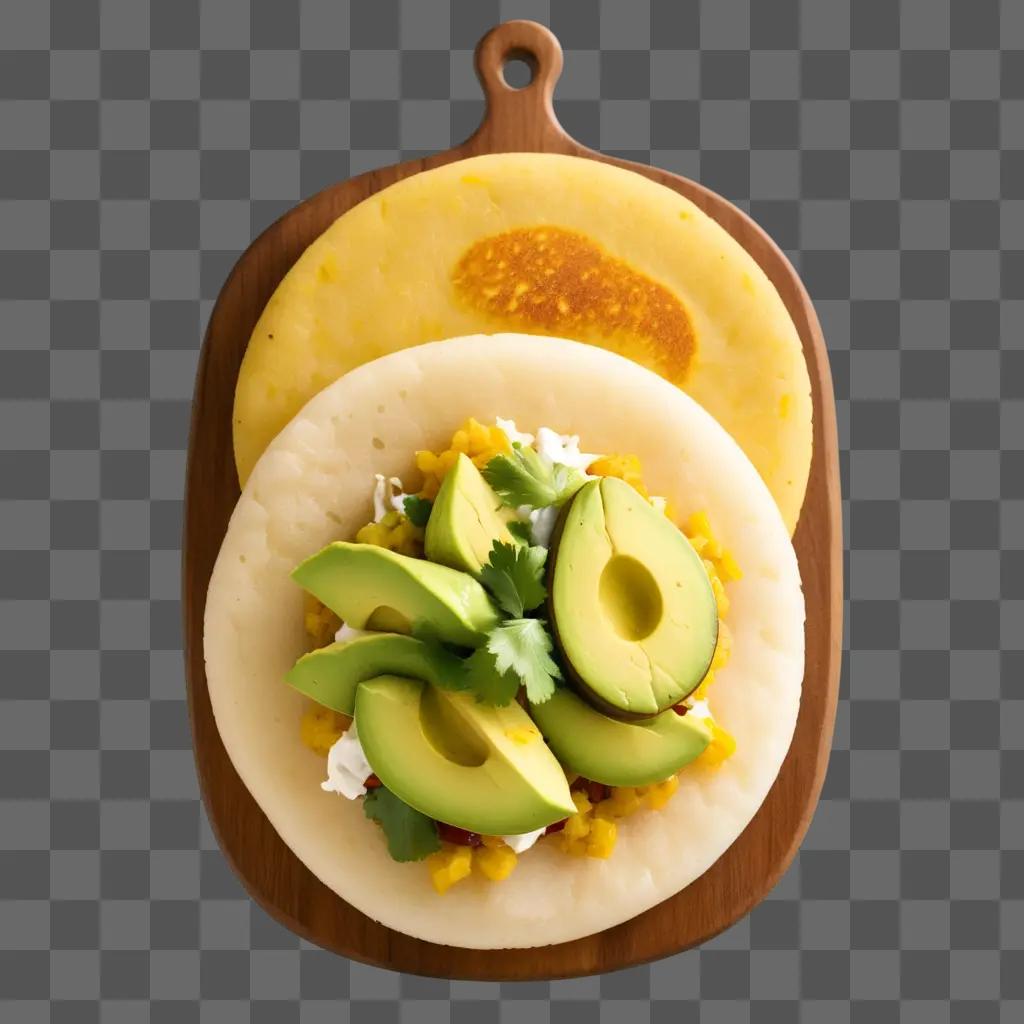 arepa topped with avocado and corn on the cob