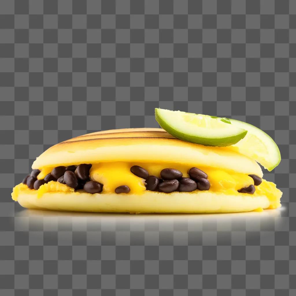 arepa with beans and cheese and a lime wedge on a yellow plate