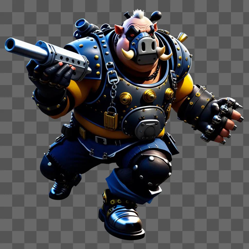 armor-clad roadhog holds a gun and a shield