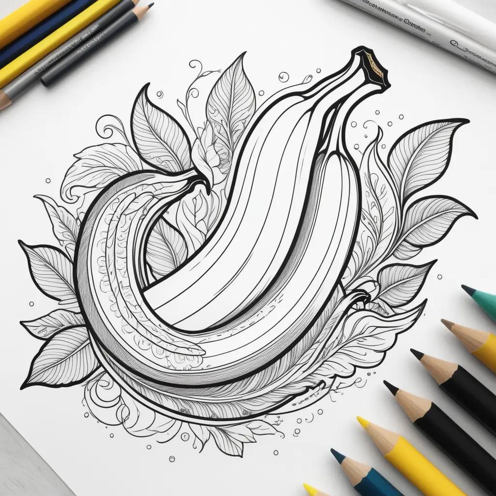 artistic banana coloring page with leaves and pencils